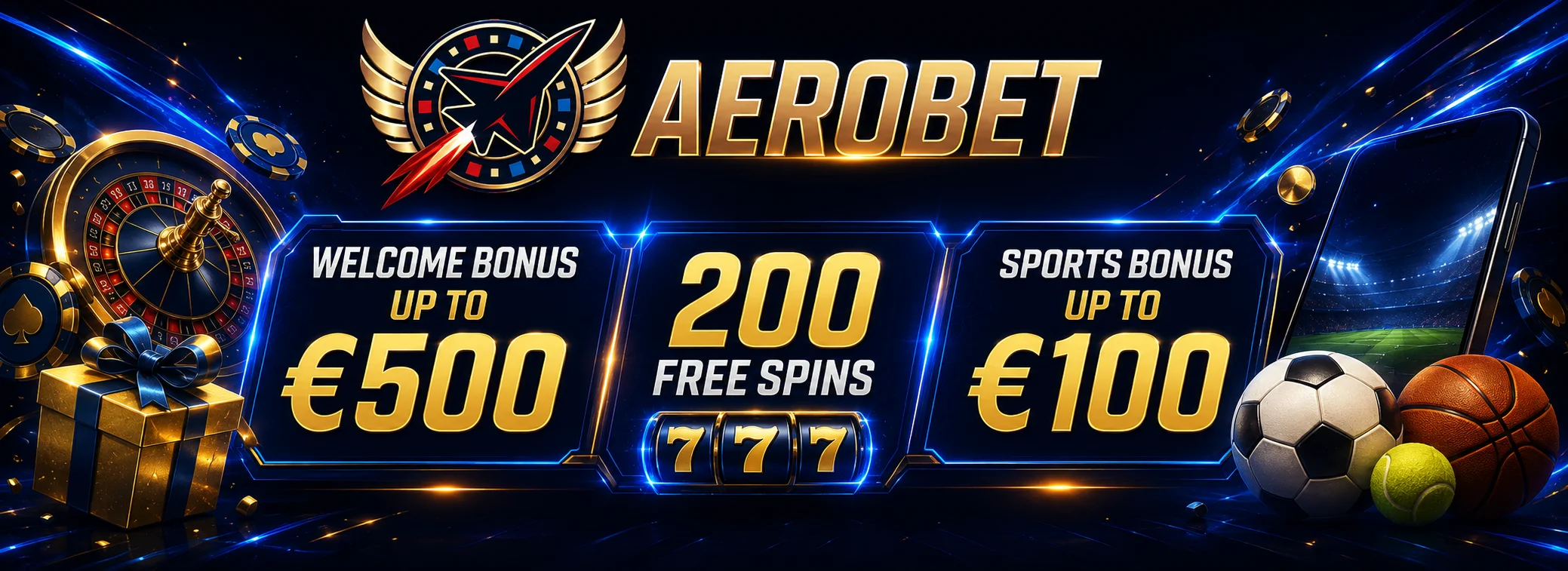 Aero Bet welcome bonus banner showing a 100% match up to €500 with 200 free spins